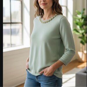 J. McLaughlin Mint Green Jeweled Collar Sweater L